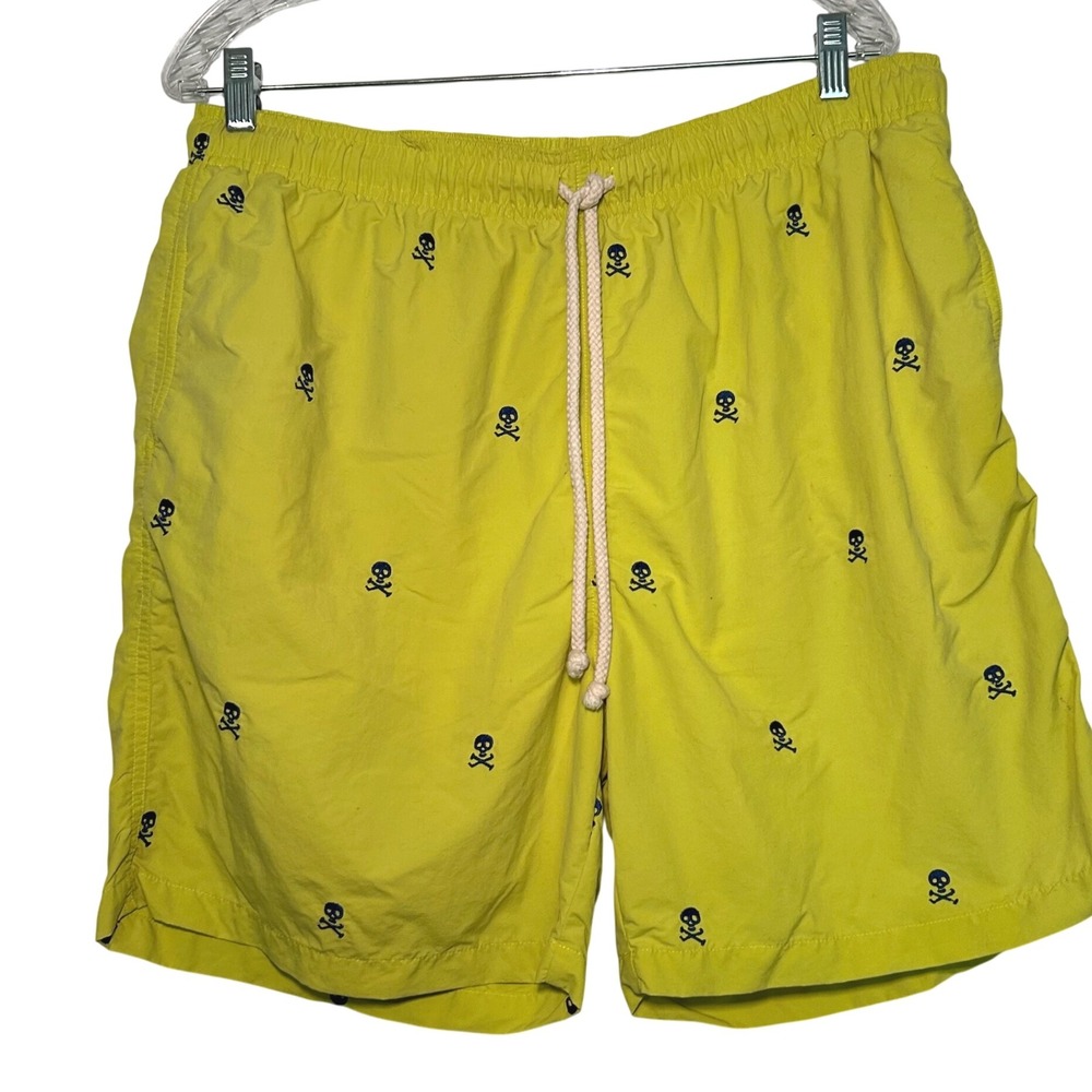 J. McLaughlin yellow swim shorts men's xl blue skull cross bone summer resort
